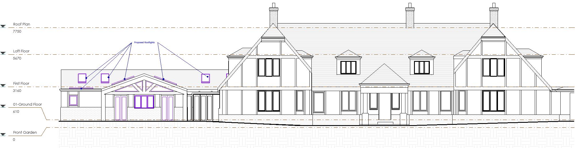 Proposed Front Elevation Architectural drawing of a two-storey house with symmetrical features and multiple gables.
