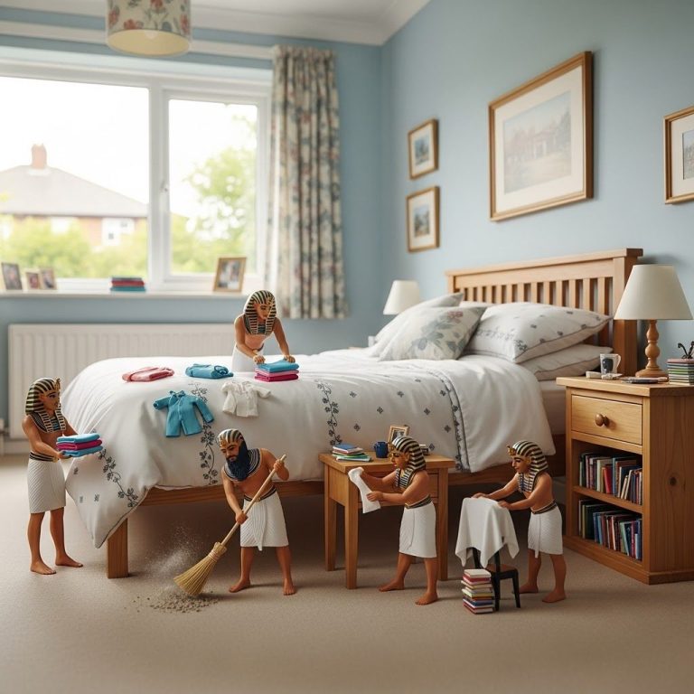 UK Bedroom Children tidying up a bedroom, with clothes and cleaning items around a wooden bed.