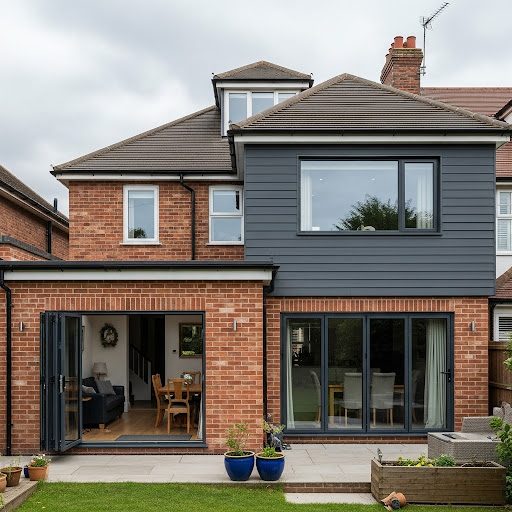 Modern extension of a house with large sliding doors overlooking a patio and garden.