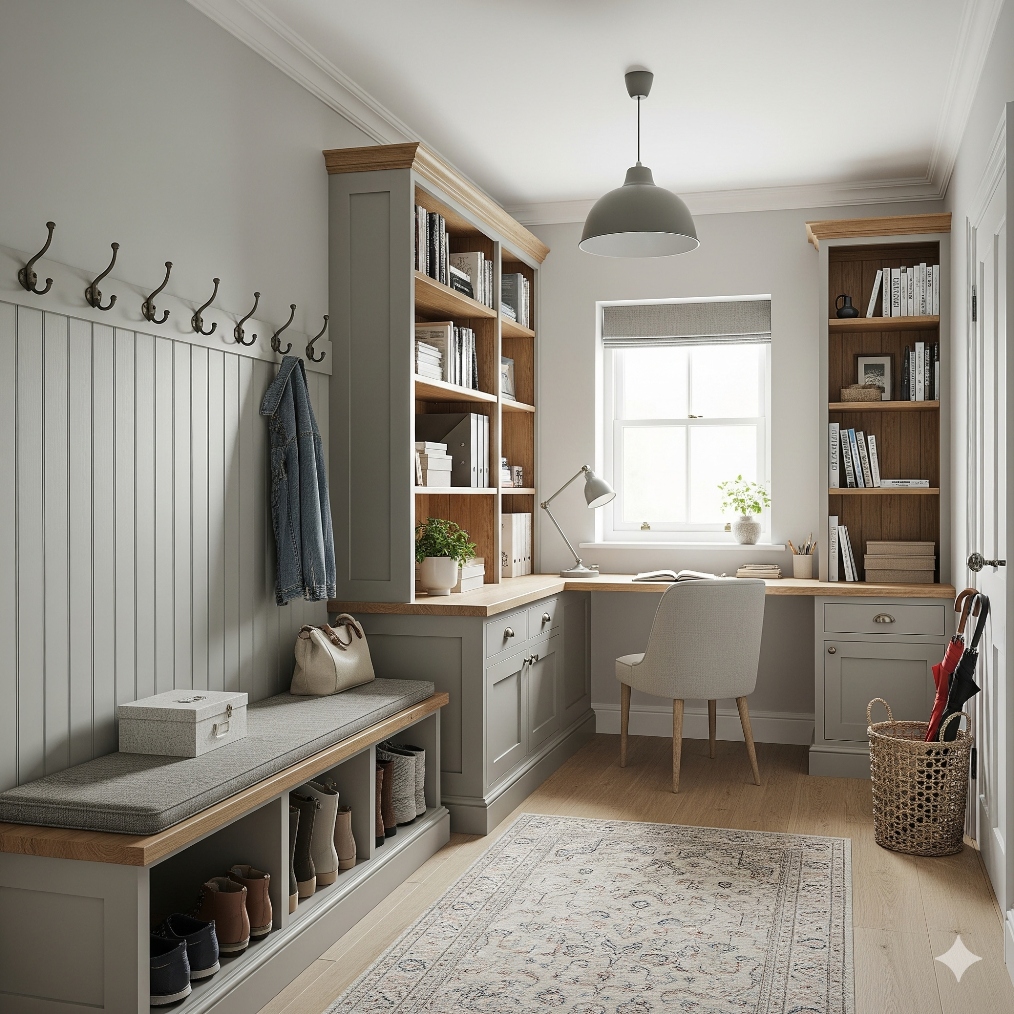 Multifunctionality A modern grey and wood-finished hallway with a desk, bookshelves, and seating area.