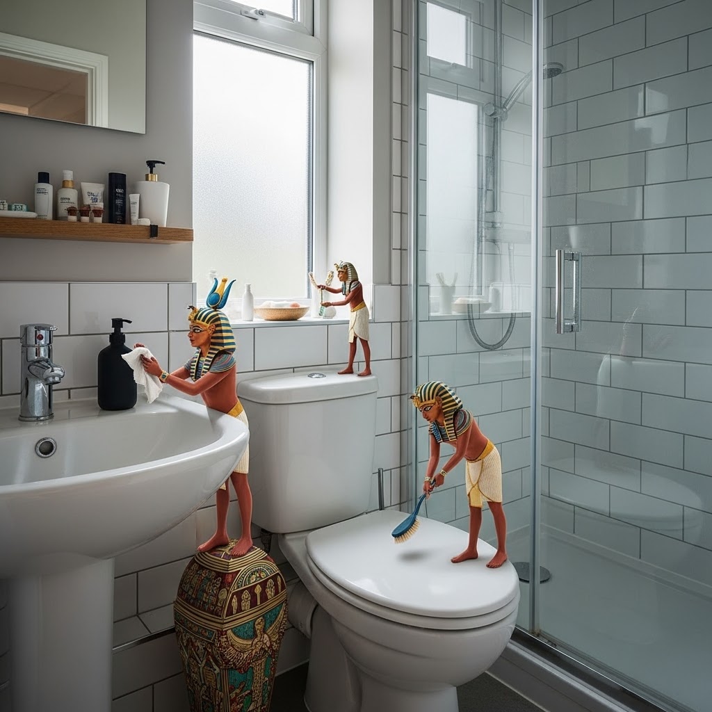 En-suite Three small figures cleaning in a modern bathroom with a sink, toilet, and shower.