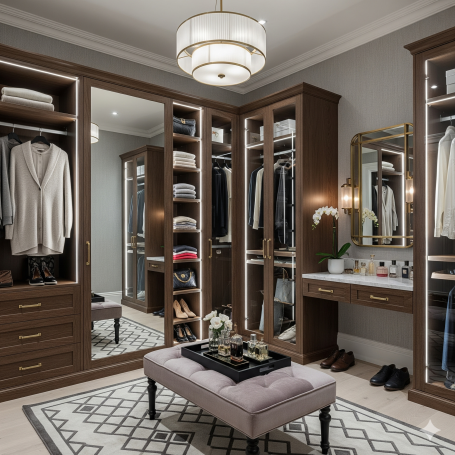 UK dressing room Stylish walk-in wardrobe with grey walls, mirrored doors, and a decorative chandelier.