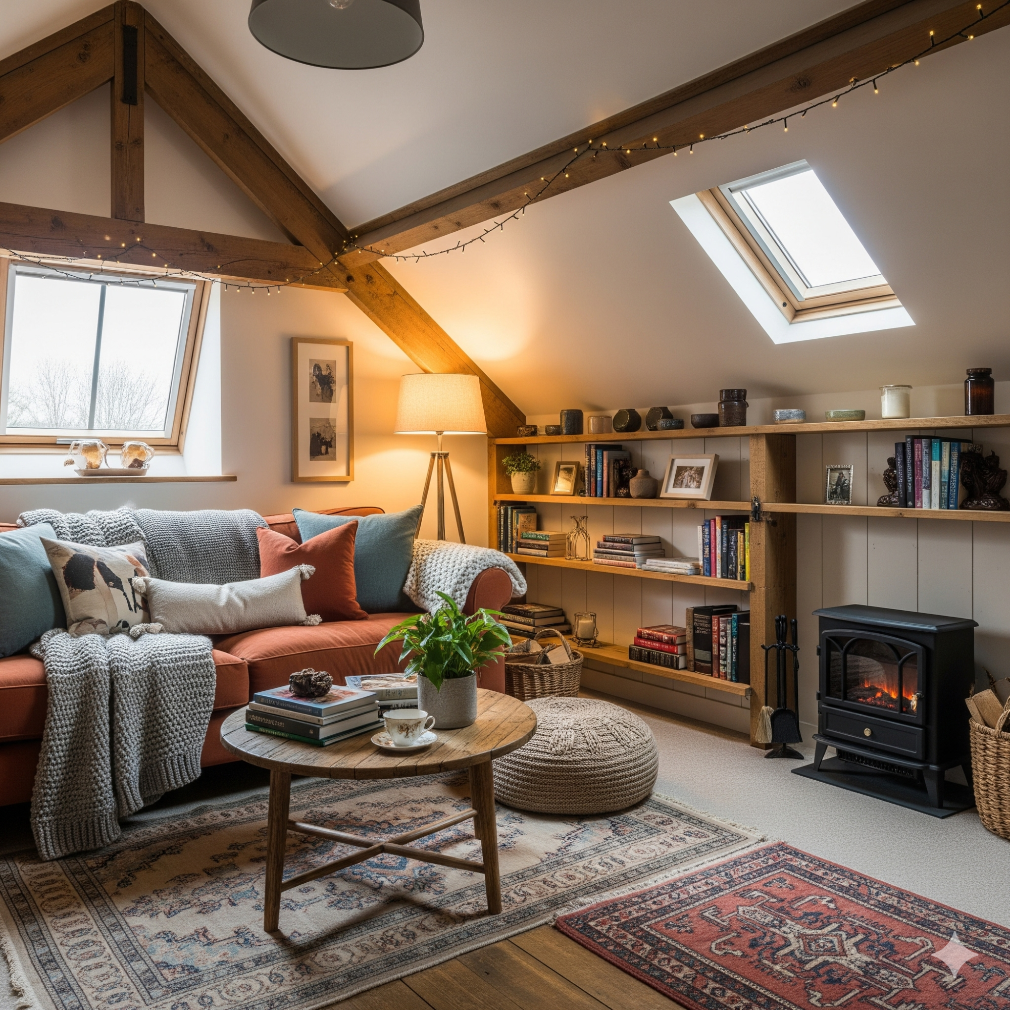 Family Room Snug Cozy living room with a sofa, shelves, and a warm fireplace under a sloped ceiling.