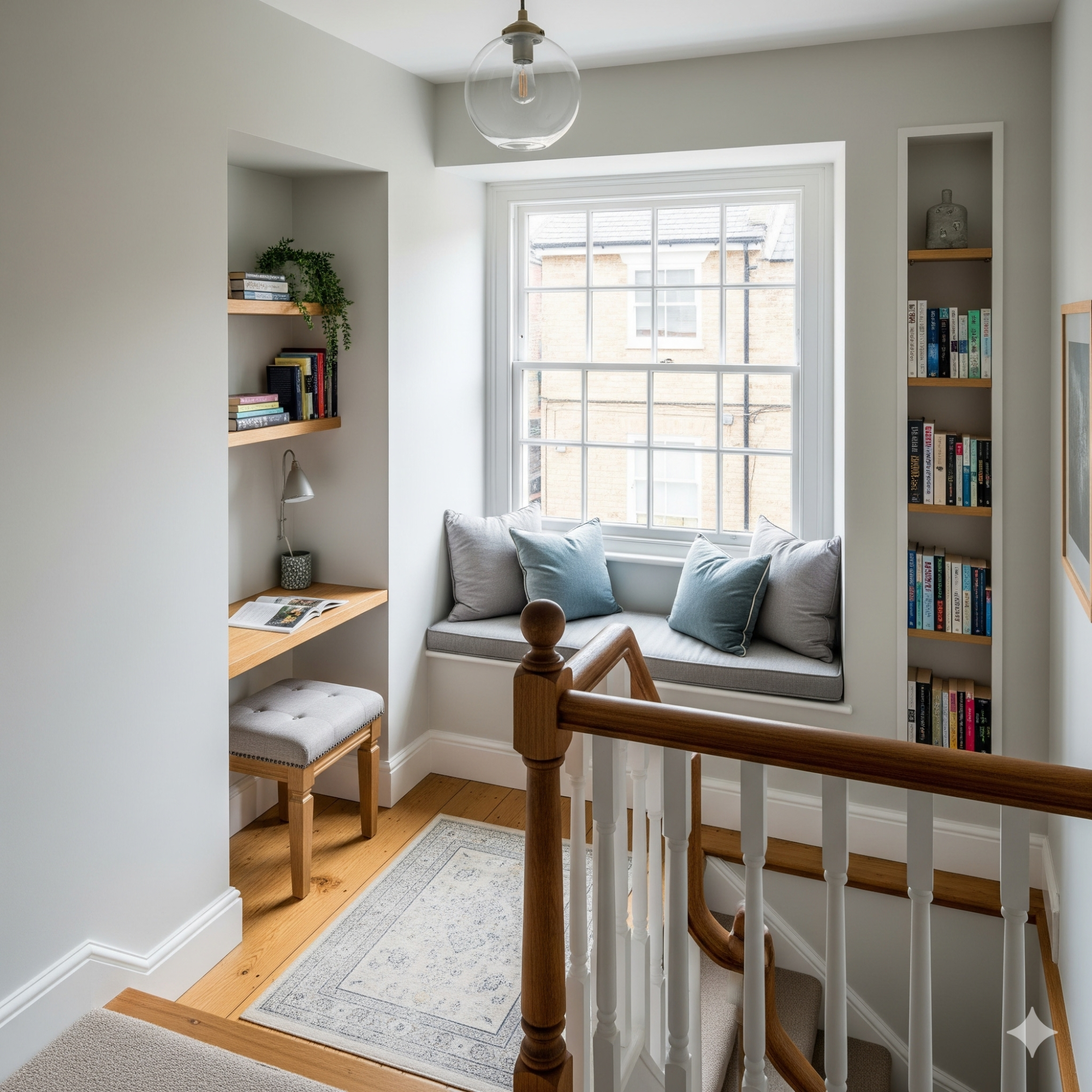 Functional Nook Cozy nook with seating, desk, bookshelf, and a large window in a neutral-toned room.