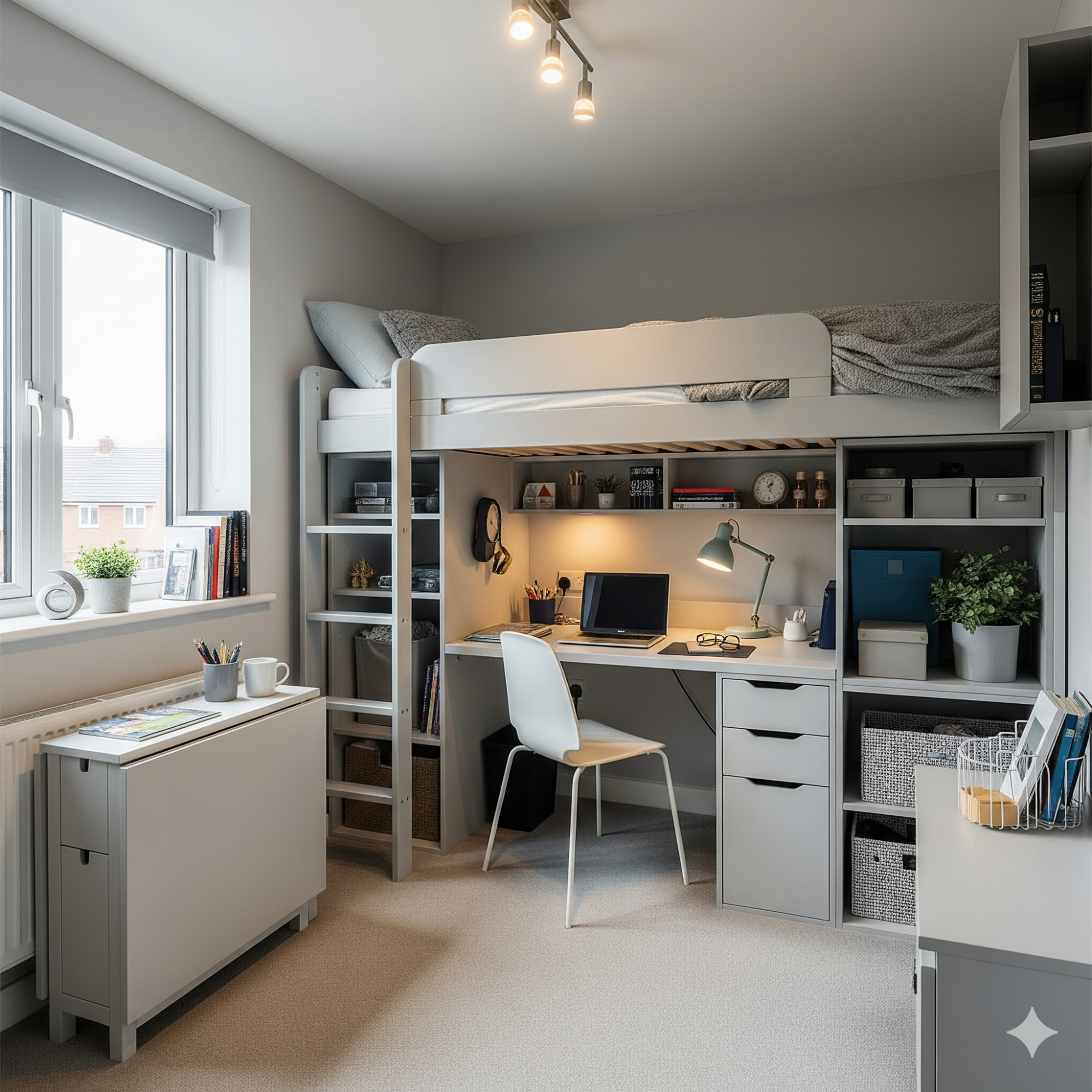 The Rise of the Micro-Pad A modern bedroom with a loft bed, desk, chair, and shelves in neutral tones.