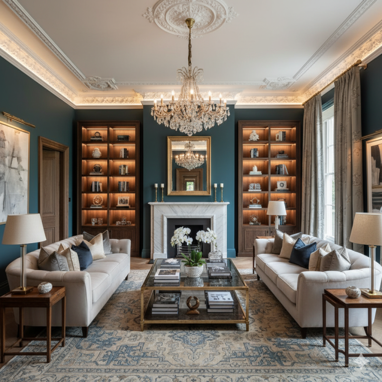 UK Luxury Interior Design Elegant living room featuring modern furnishings, a chandelier, and bookshelves with decor.