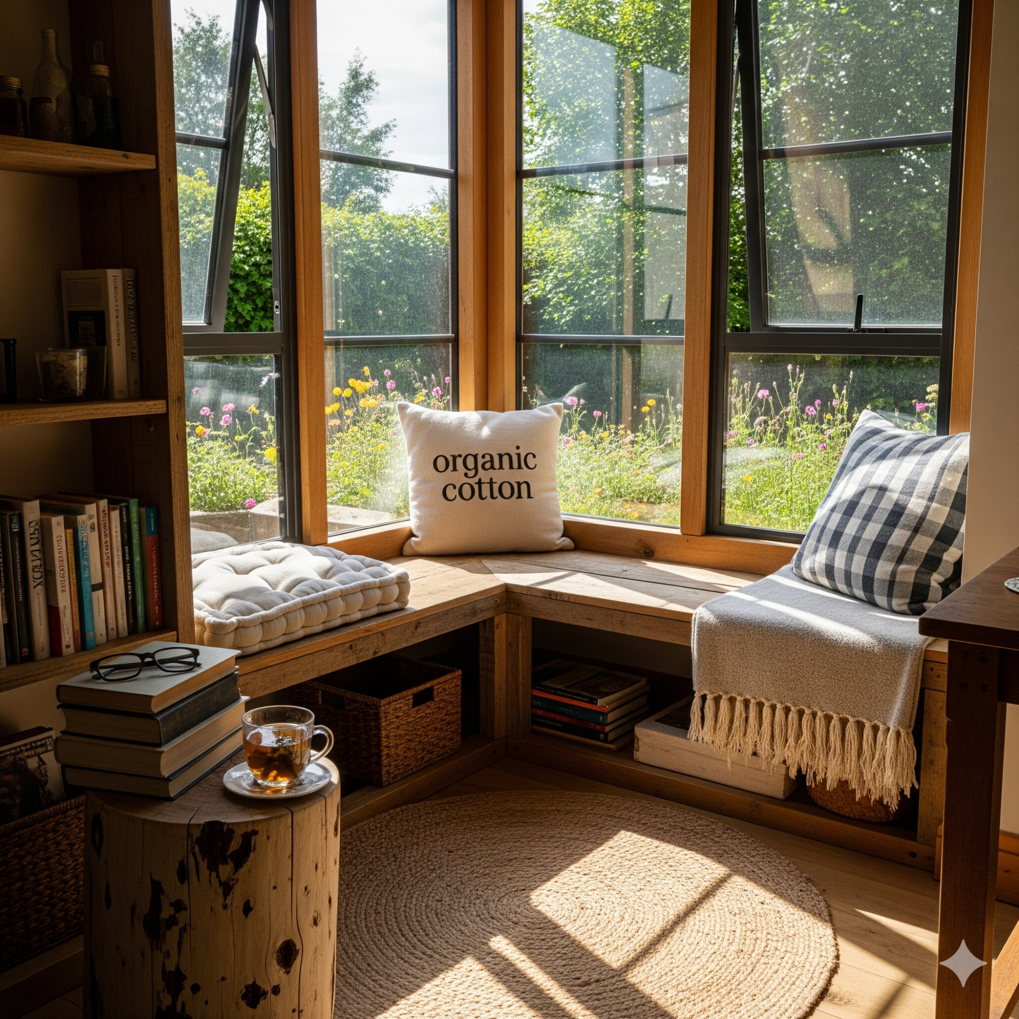 Sustainable Materials Cozy reading nook with cushions, books, and a view of a green garden outside.