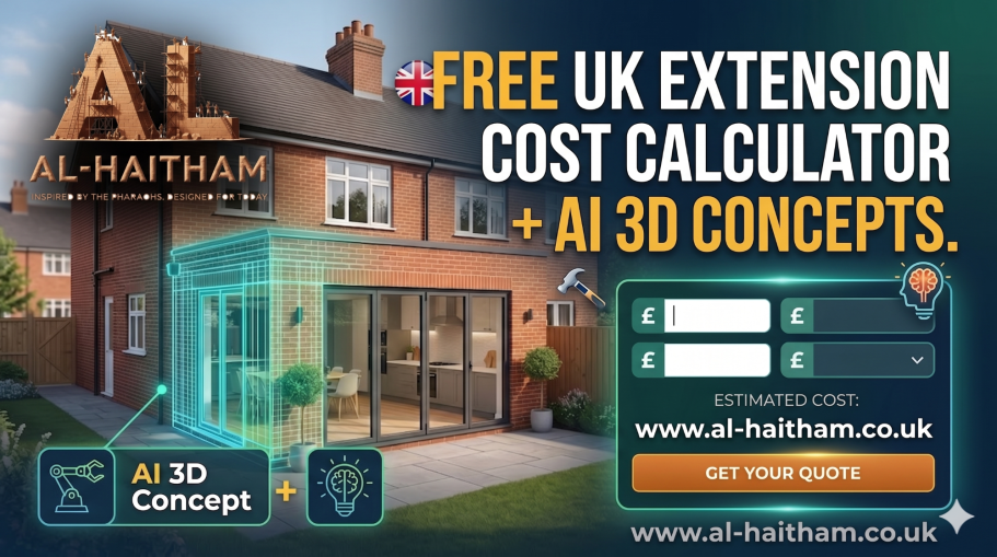 Free UK Extension Cost Calculator + AI 3D Concepts. Promotional banner for a UK extension cost calculator and AI 3D tools.