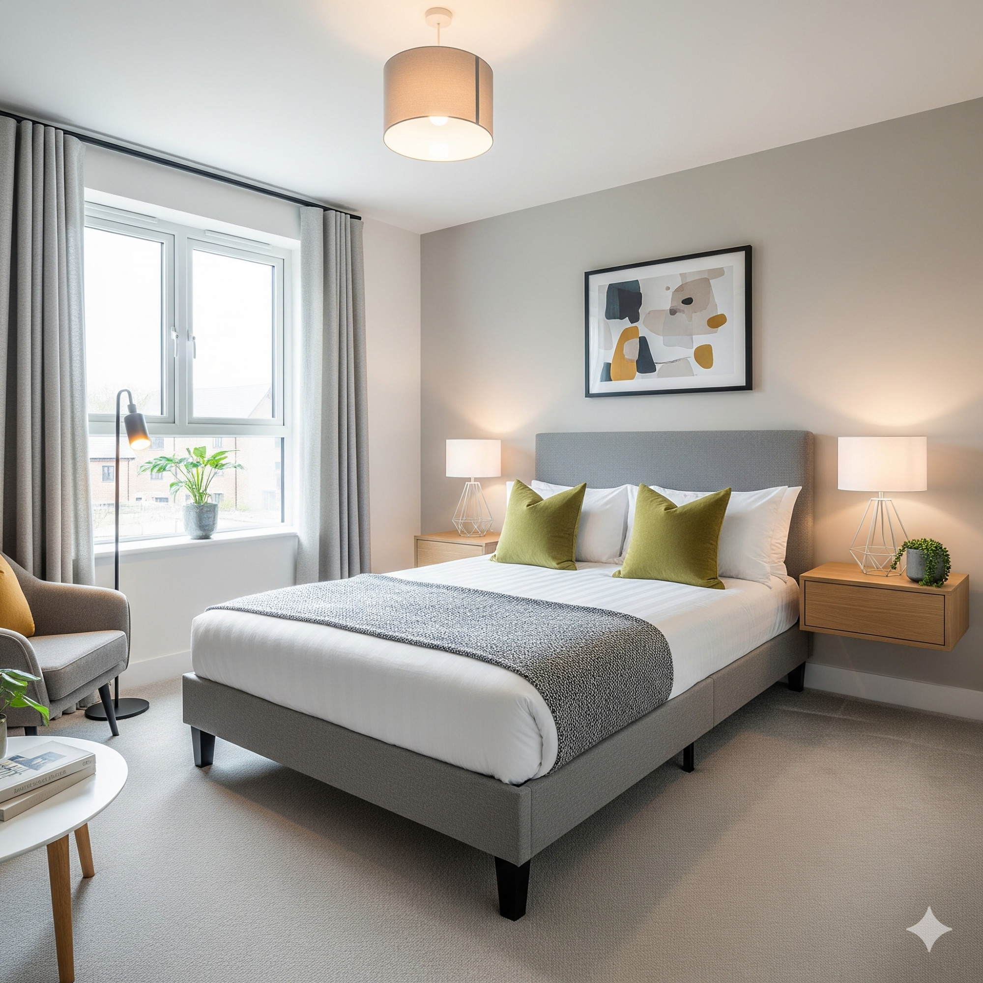 Modern & Contemporary Modern bedroom with a double bed, green cushions, and a stylish chair beside a window.