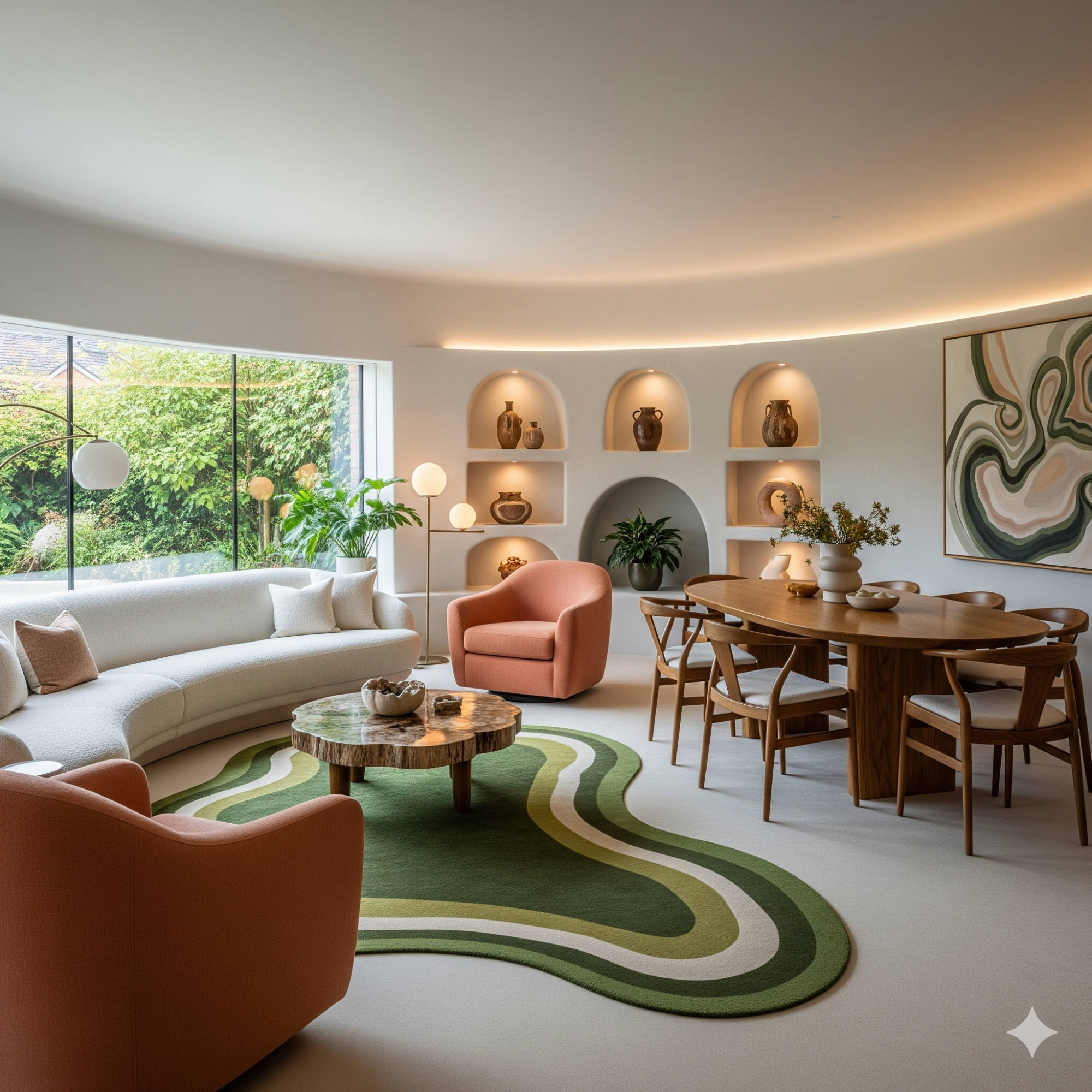 Curved and Organic Shapes Modern living room with curved sofa, orange chairs, wooden dining table, and green area rug.