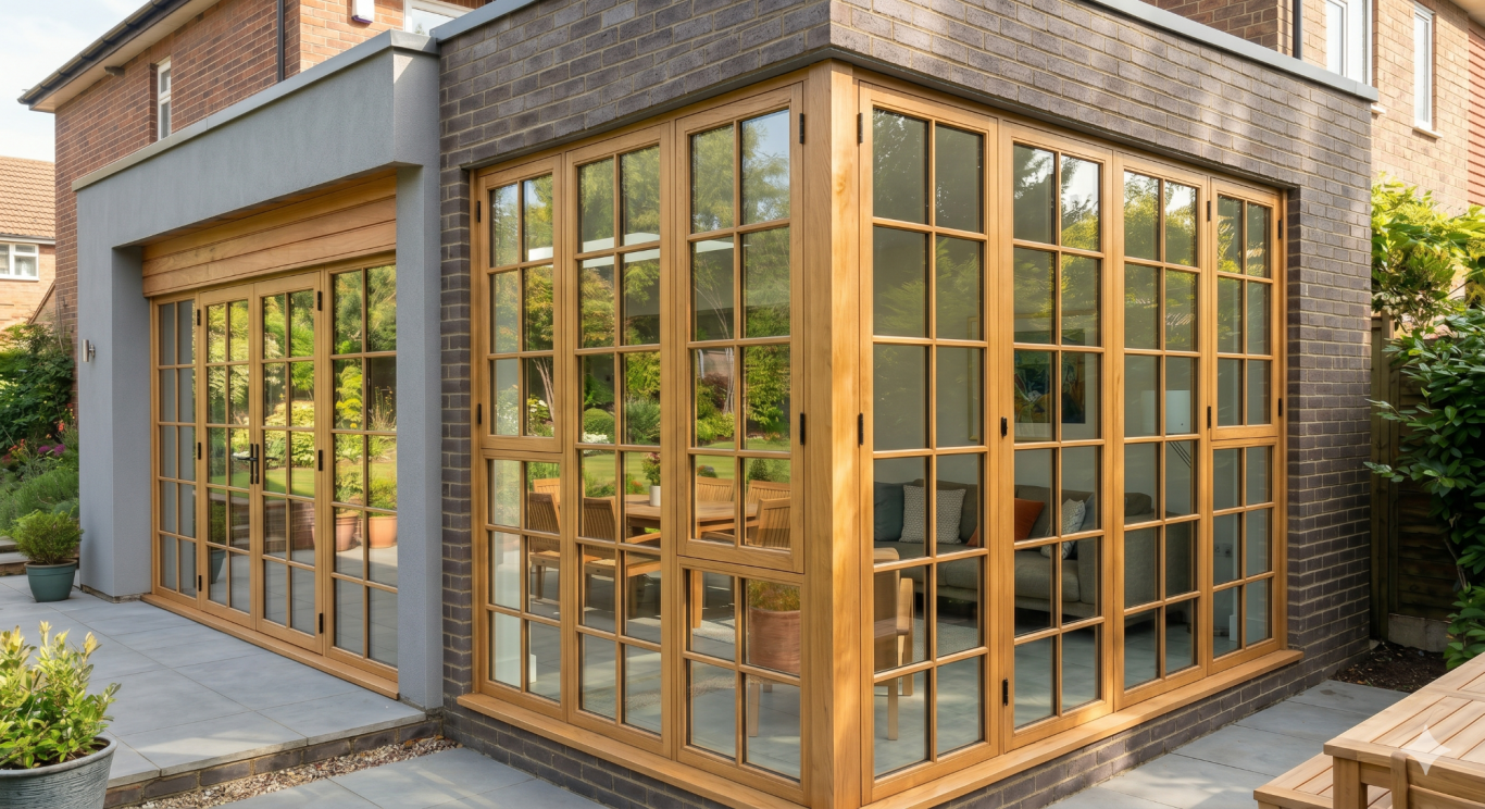 Timber Frame Wooden-framed conservatory with large glass panels and a garden view.
