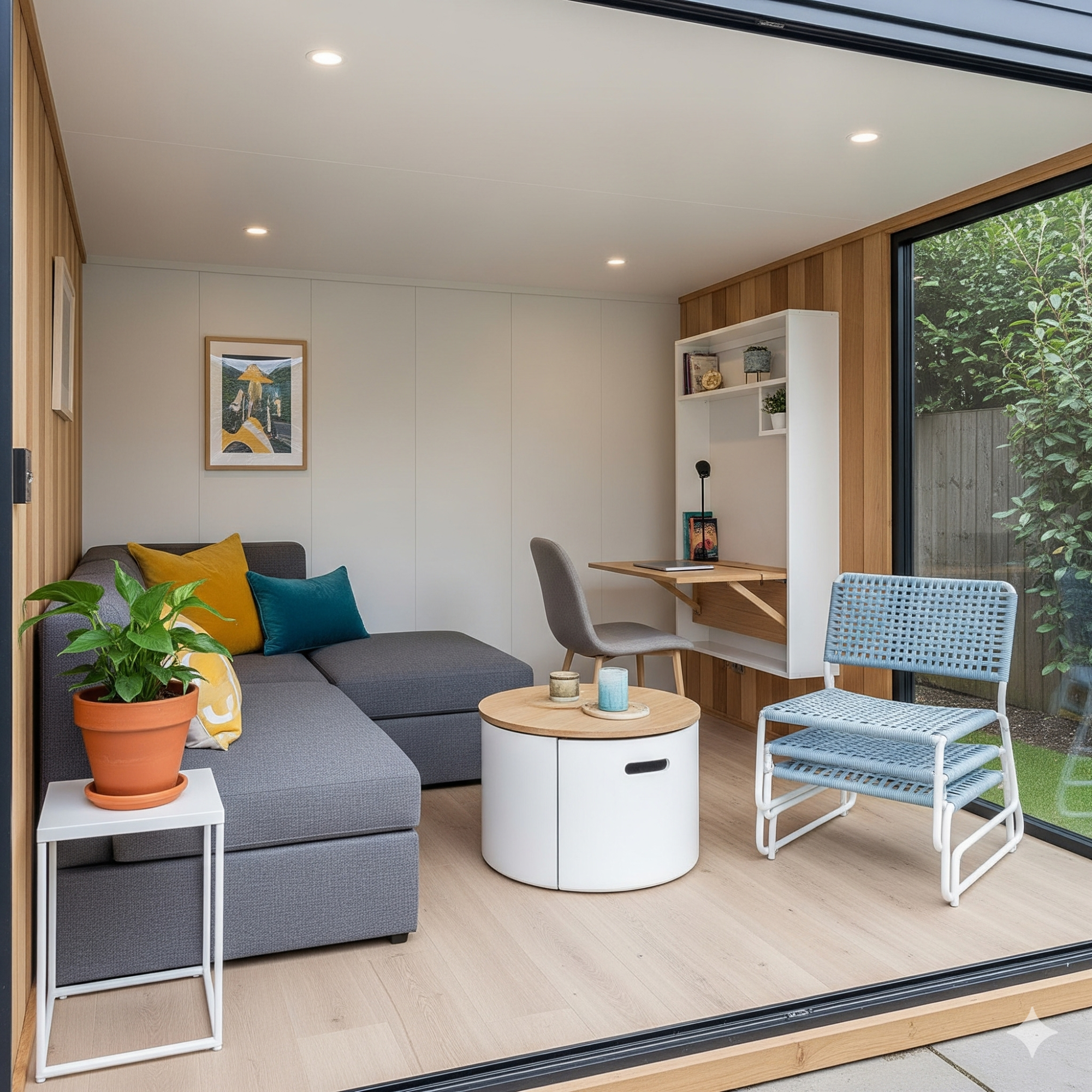 Multi-functional Spaces A modern garden room featuring a sofa, desk, and greenery outside.