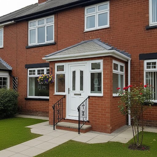 Guide to UK Front Porch Extension! Red-brick house with a white front door, steps, and flower pots by the entrance.