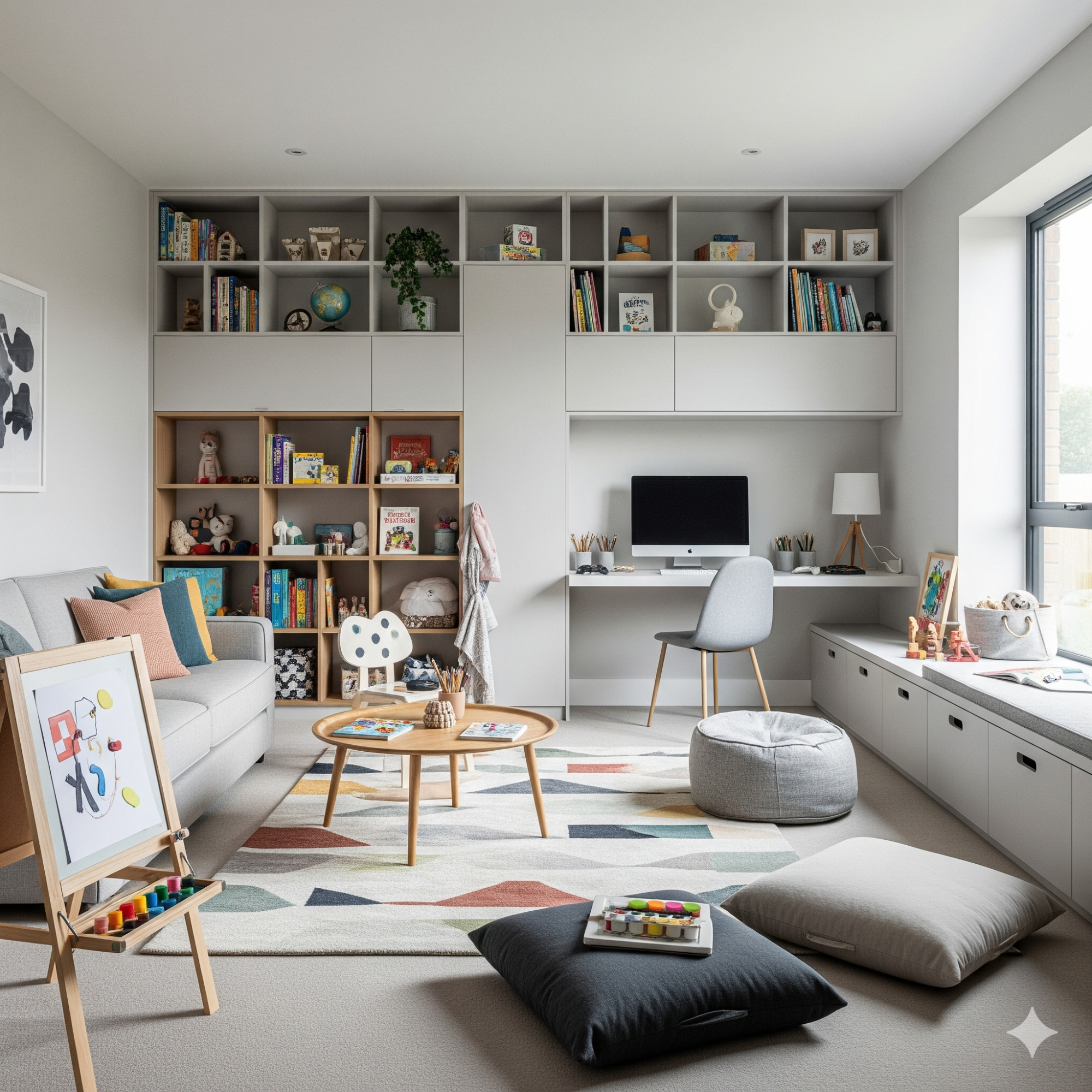 Minimalist & Modern Modern living room with a study area, shelves, a sofa, and a patterned rug.