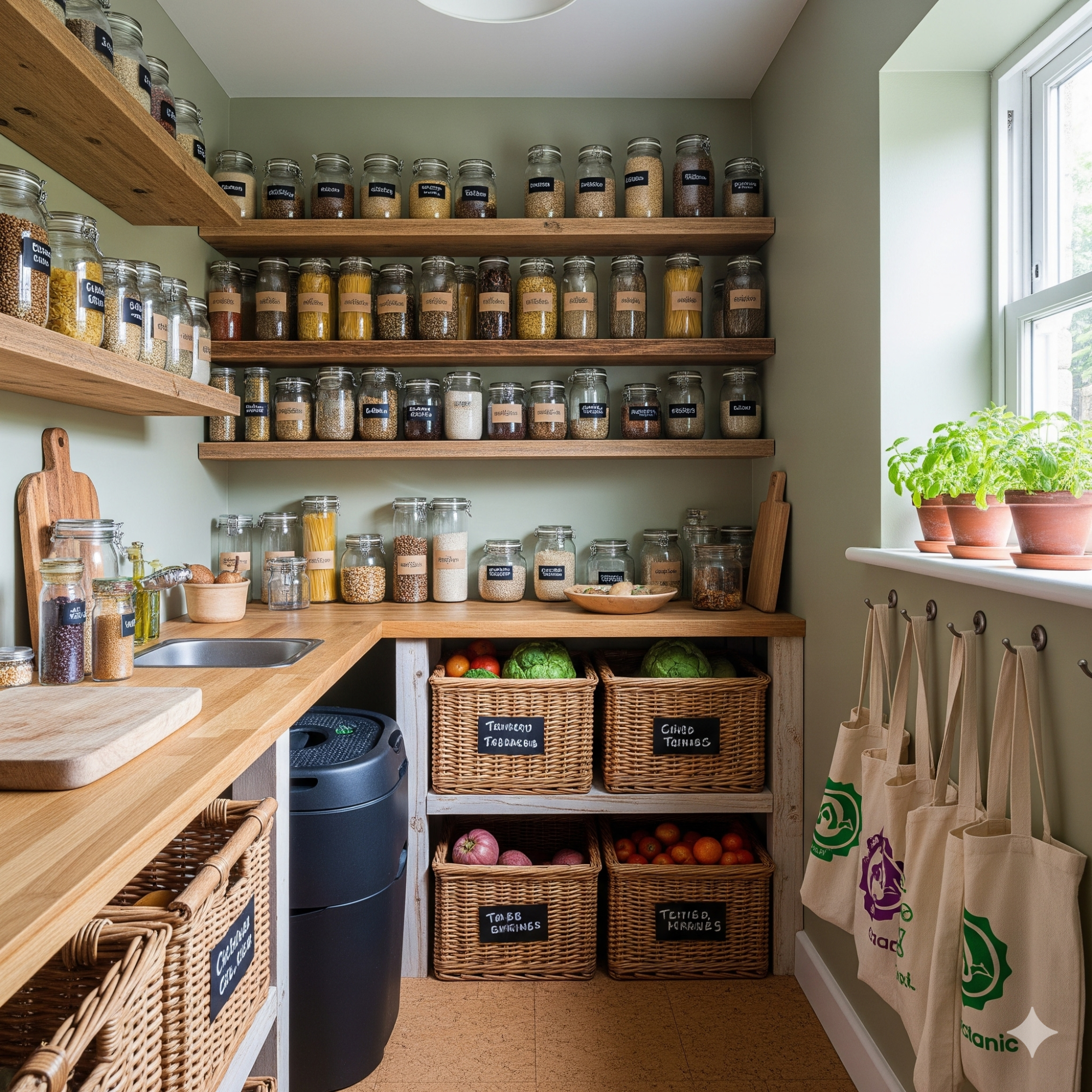 Sustainability Bright and tidy kitchen with wooden shelves, jars, and baskets of vegetables and fruits.