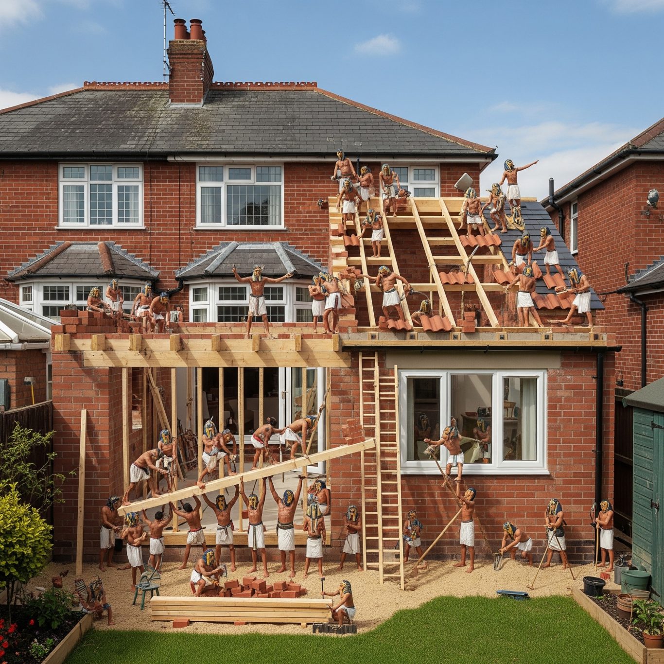 Double Storey Rear Extension A house under construction with numerous toy figures posing on scaffolding and the roof.
