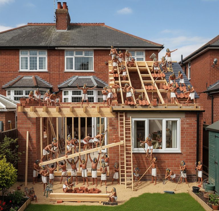 Double Storey Rear Extension A house under construction, featuring numerous dolls on the roof and exterior walls.