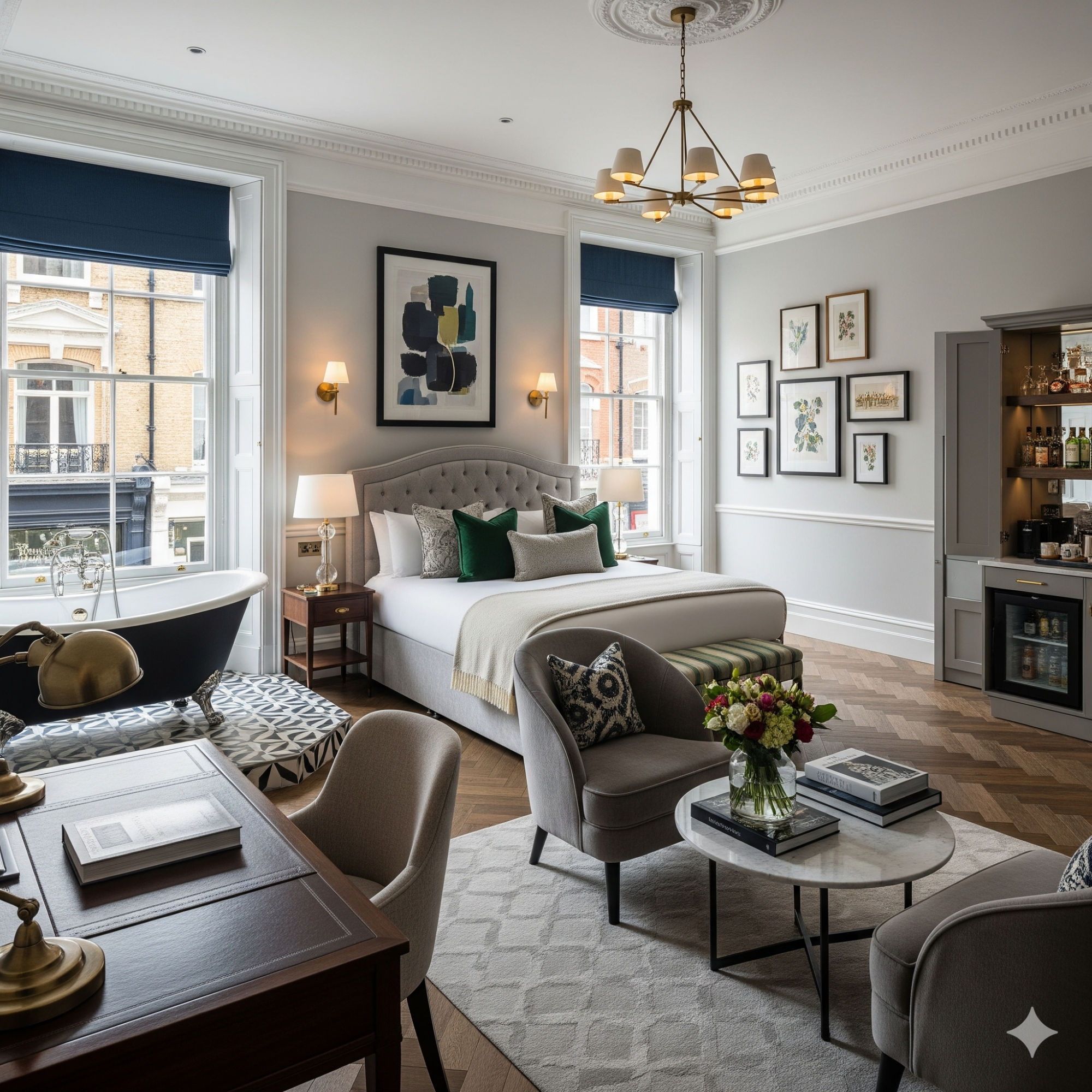 Boutique Hotel Chic Stylish hotel room with a bed, seating area, artwork, and a small bar.