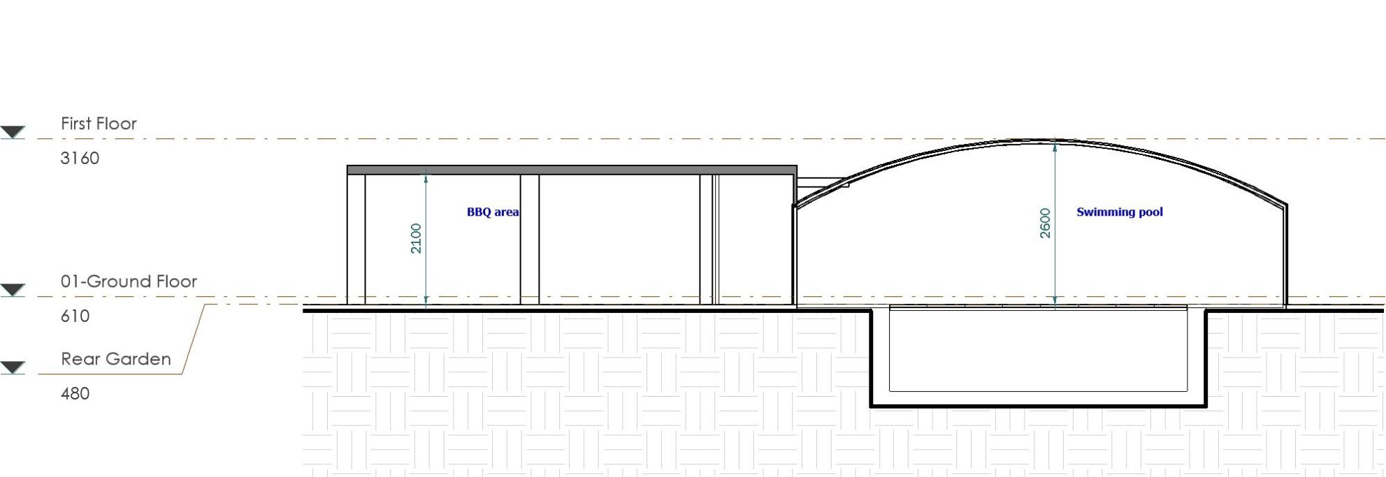Existing Vertical section Diagram showing a building layout with flat and arched roofs and outlined sections.