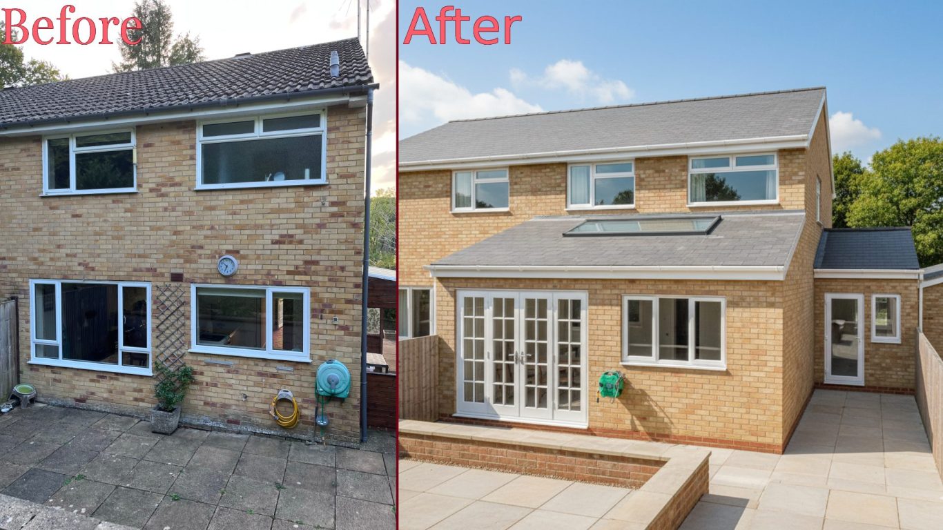 Single storey rear and side extension in High Wycombe Comparison of a house renovation, showing the property before and after improvements.