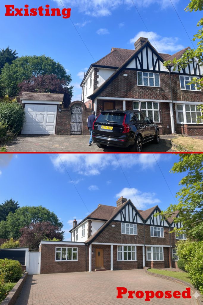 A Seamless Side Extension in Reigate & Banstead Comparison of a house's existing and proposed appearance with updated features.