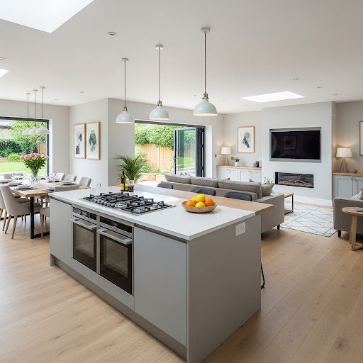 Modern kitchen with a central island, dining area, and large windows overlooking a garden.