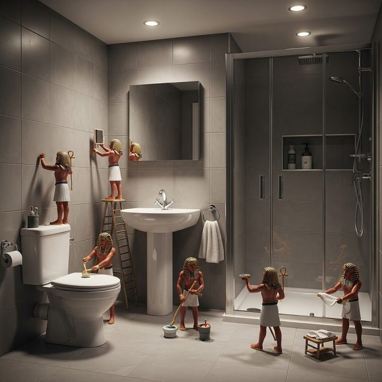 UK home Downstairs WC/Shower Room A surreal bathroom scene with multiple child figures engaged in cleaning activities.