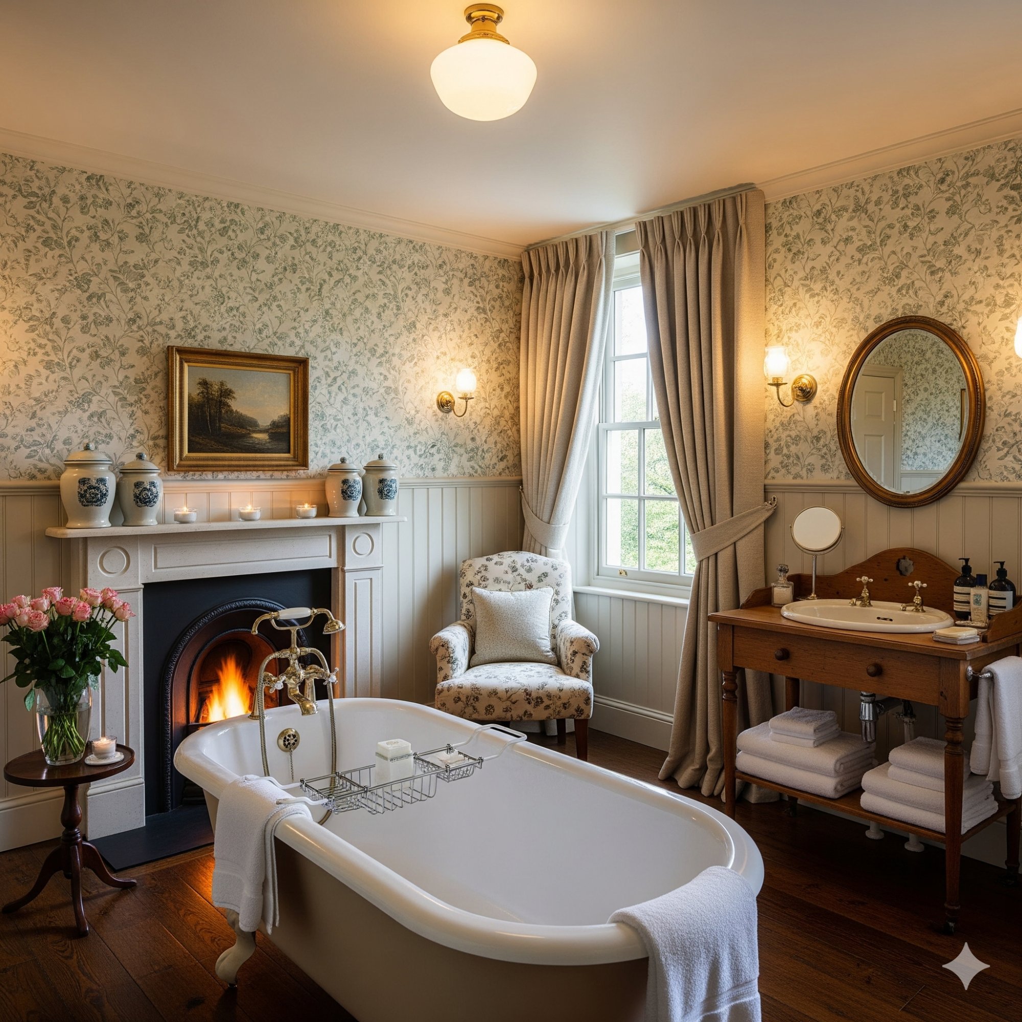 Traditional English Elegant bathroom with a vintage bathtub, flowers, and a cozy fireplace.