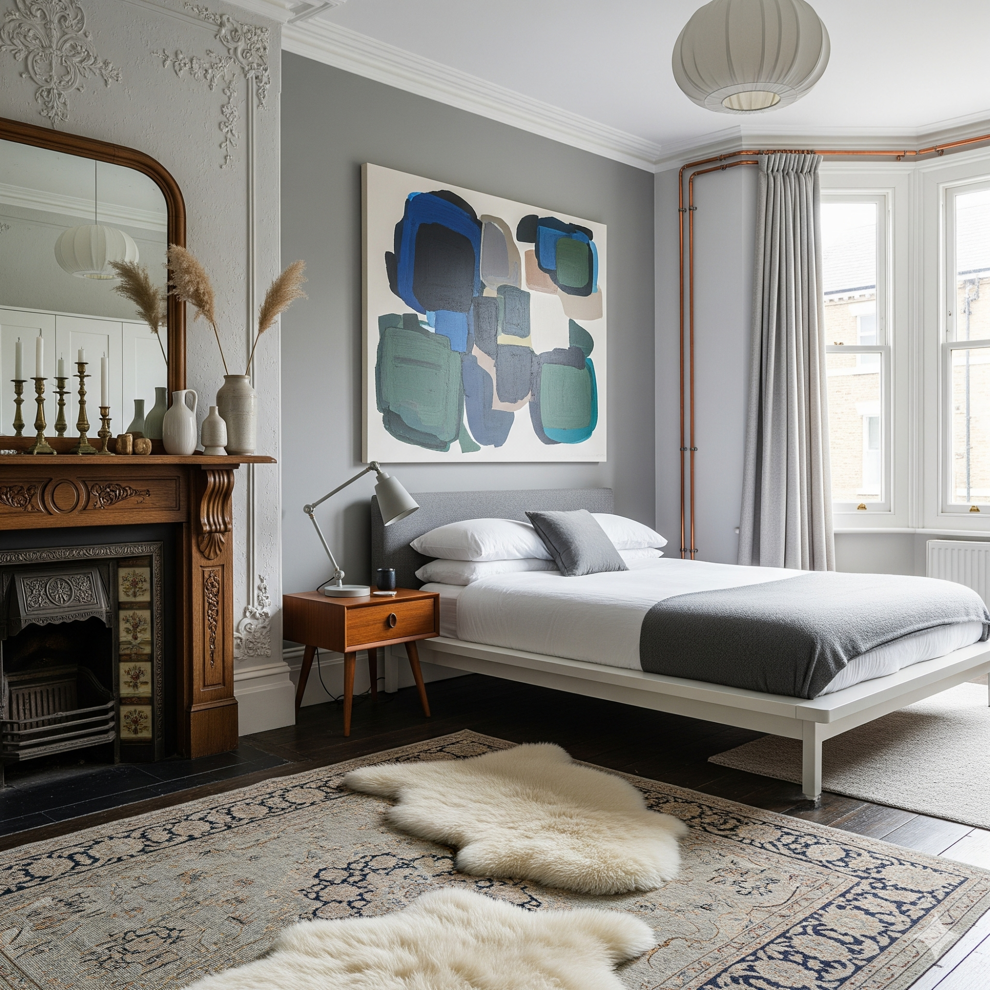 Mixing Old and New Stylish grey bedroom with a double bed, vintage furniture, and abstract wall art.