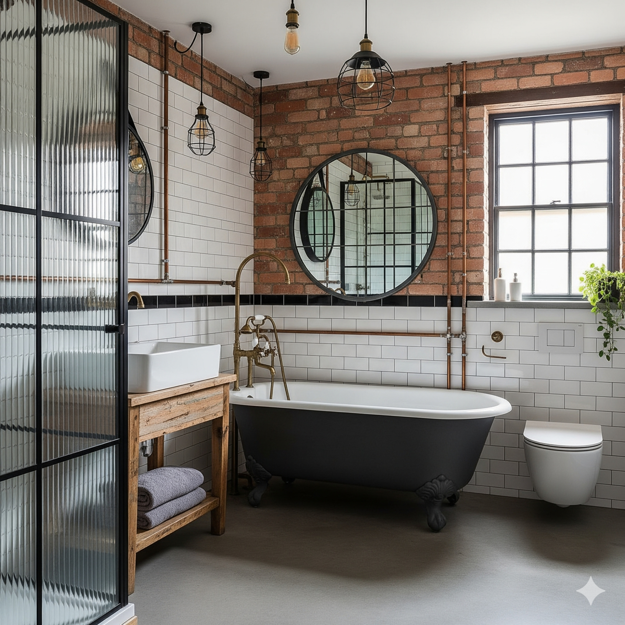 Industrial-Style Modern bathroom with a freestanding tub, stylish fixtures, and exposed brick walls.