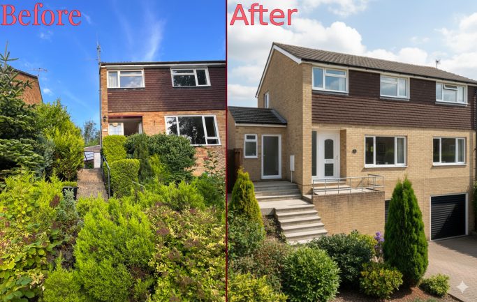 Rear and side extensions in High Wycombe Side-by-side comparison of a house's exterior before and after renovation.
