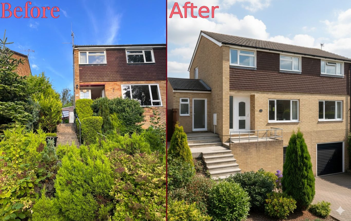 Single storey rear and side extension in High Wycombe Side-by-side comparison of a house before and after renovation, highlighting improvements.