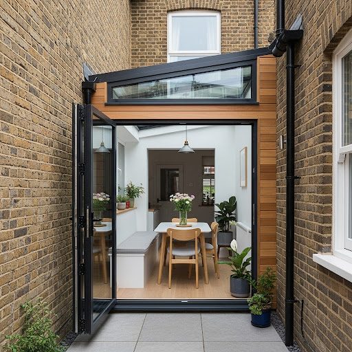 Modern dining area with a glass extension, wood accents, and potted plants.