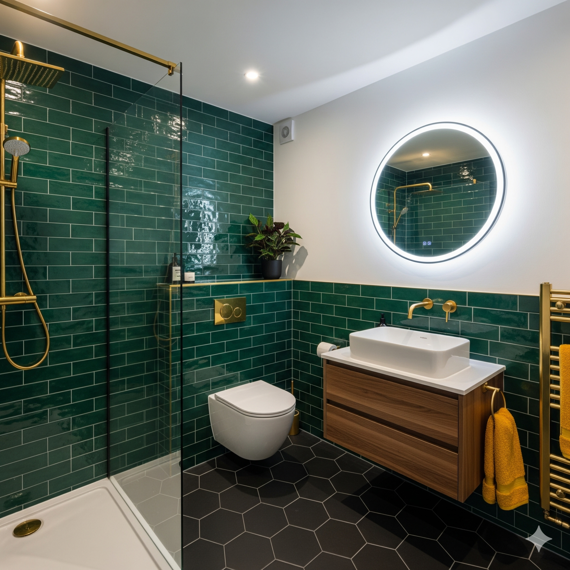 Bold Accents Modern bathroom with green tiles, gold fixtures, a round mirror, and wooden accents.