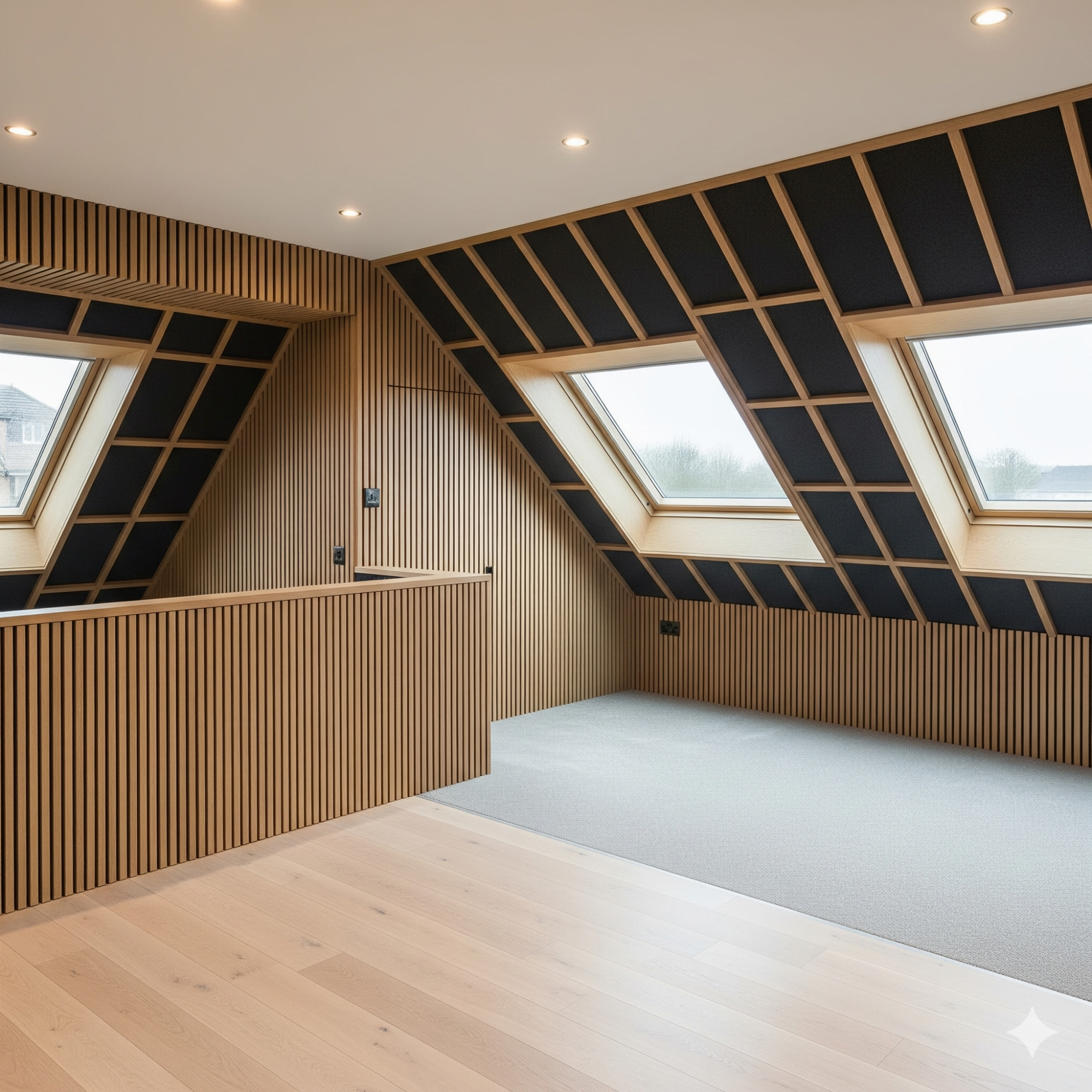 Acoustic Panelling Modern room with angled wooden walls, large windows, and minimalist decor.