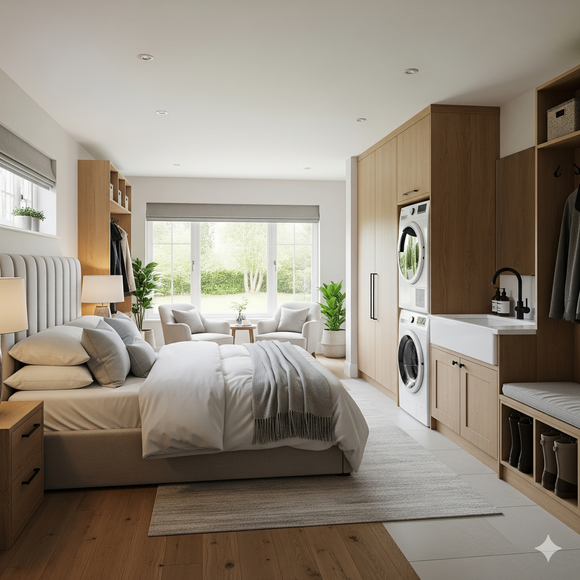 Bootility A cosy bedroom with a laundry area, large windows, and natural wood furnishings.