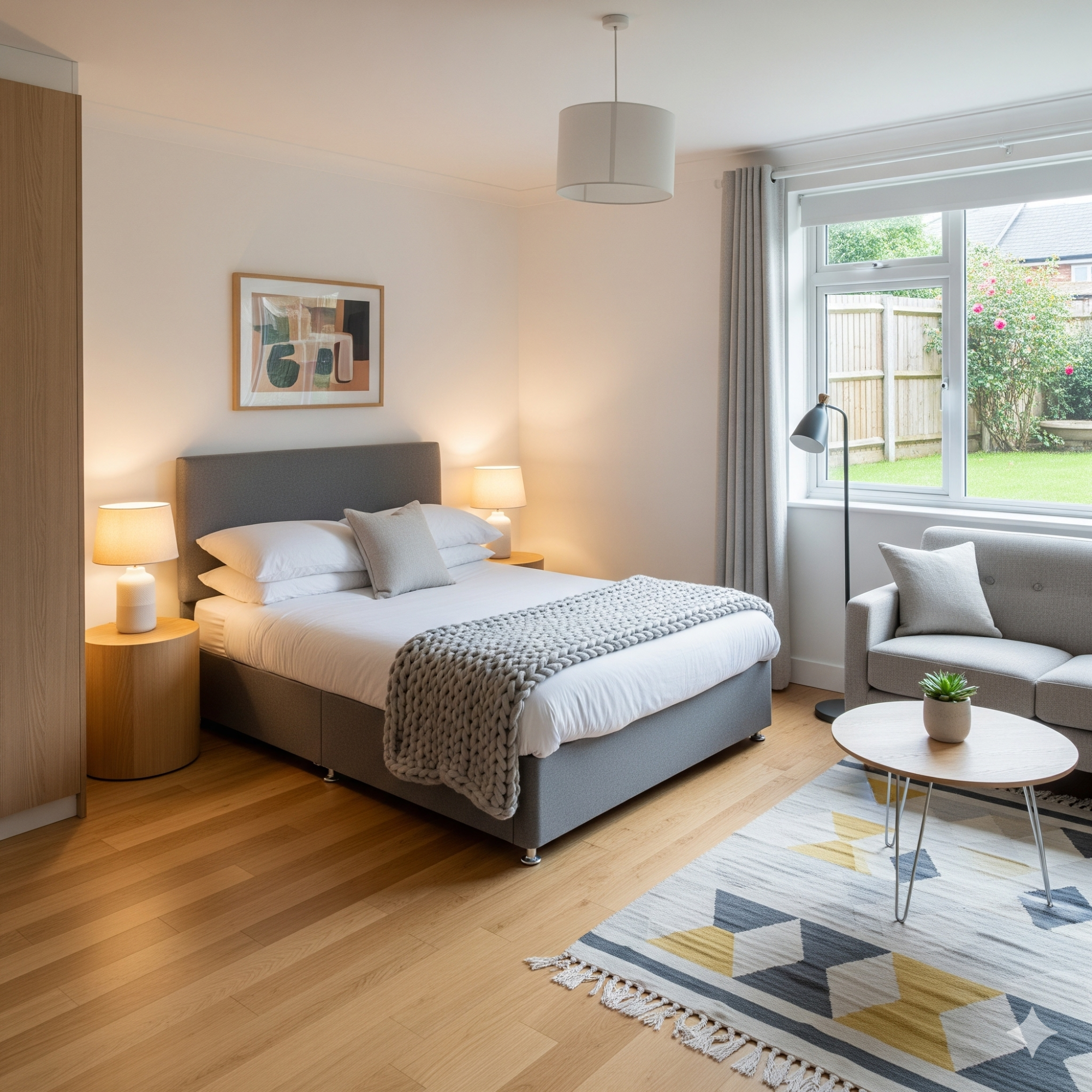 Scandi-Inspired Bright, modern bedroom with a double bed, sofa, and garden view through a large window.