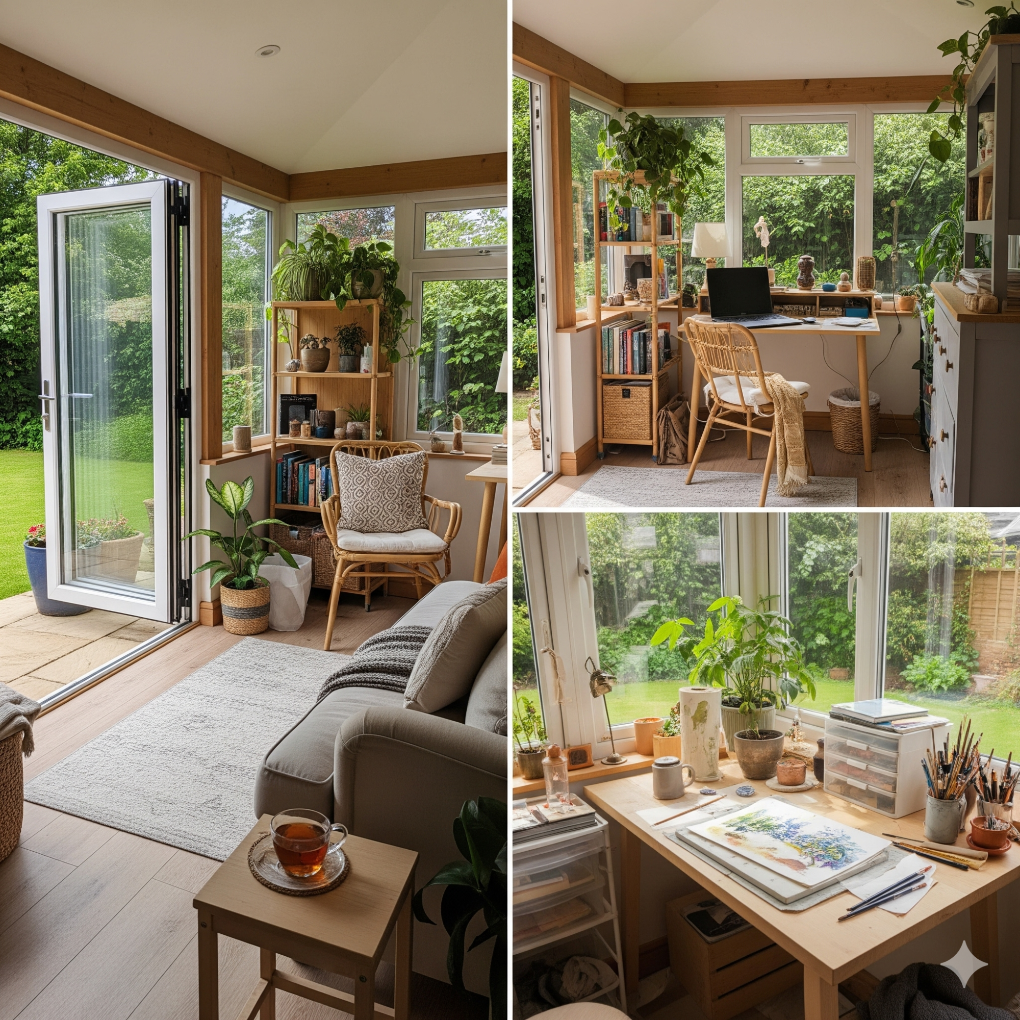 Multi-functional Spaces Bright, airy conservatory with a workspace and comfortable seating surrounded by greenery.