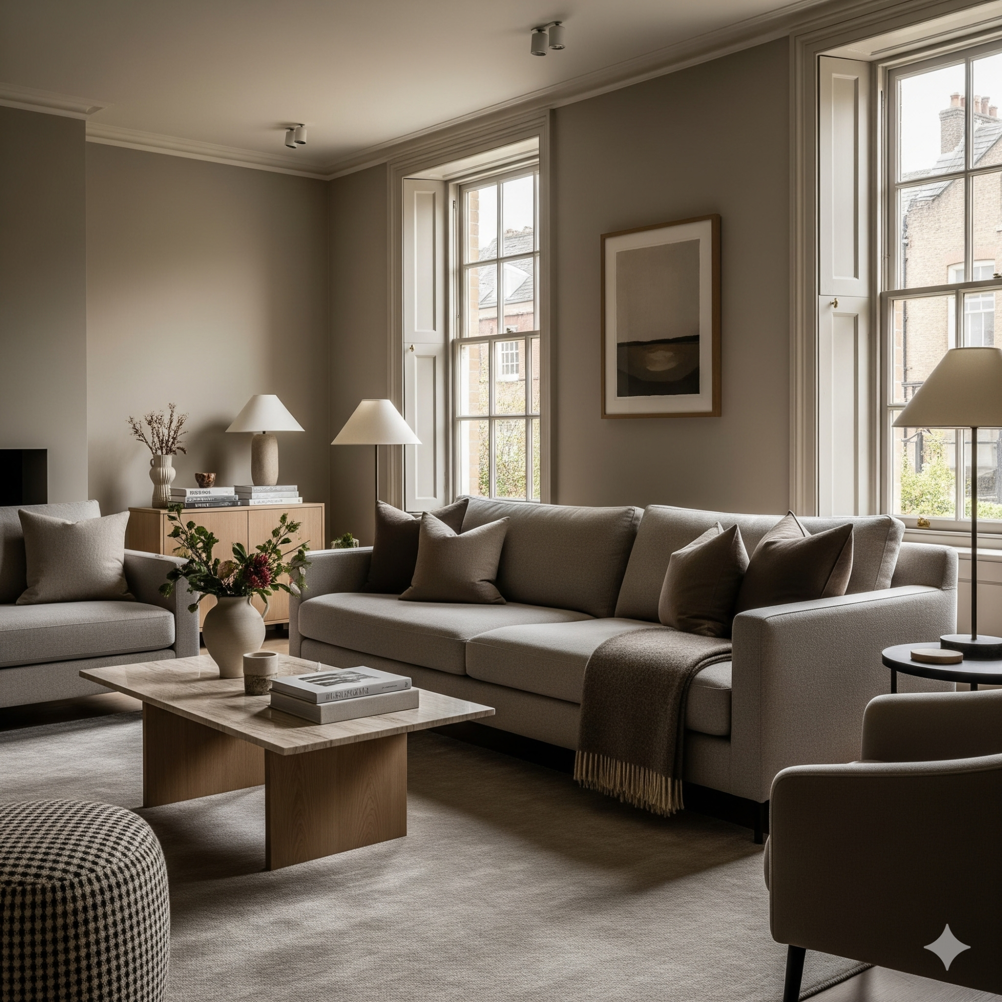 Quiet Luxury Modern living room with neutral tones, stylish furniture, and natural light from large windows.