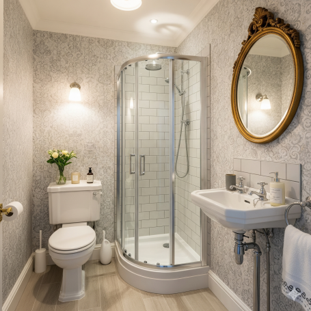 UK shower room Modern bathroom featuring a shower, toilet, sink, and decorative wall mirror.