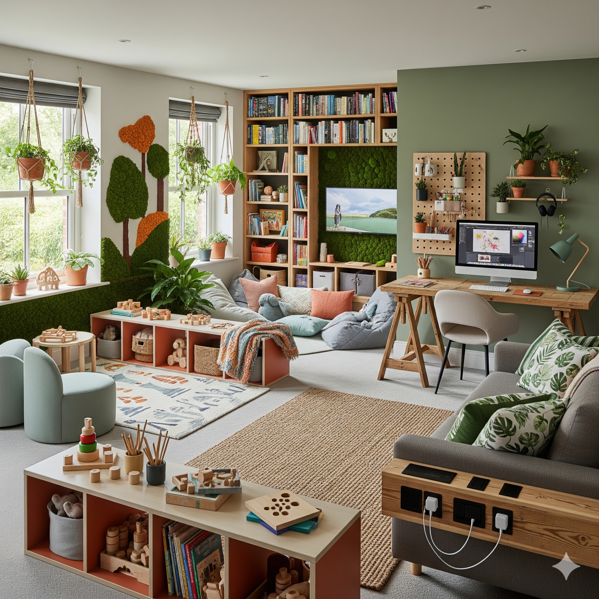 Biophilic Design Modern living room with green accents, bookshelves, plants, and a cozy seating area.