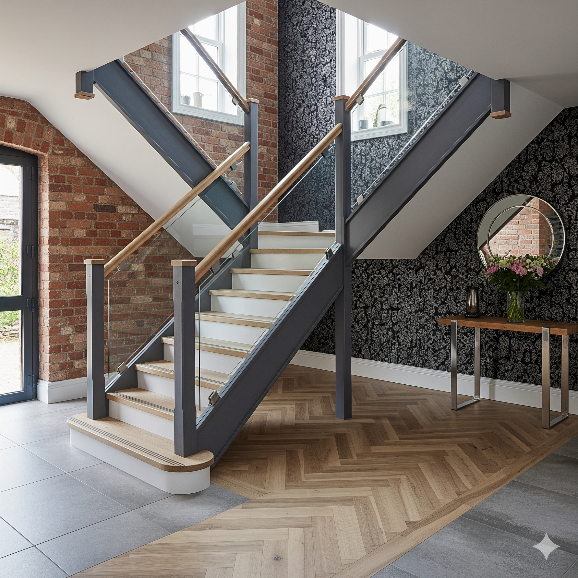 Mixing Materials Modern staircase with wooden handrails in a stylish hallway featuring patterned wallpaper.