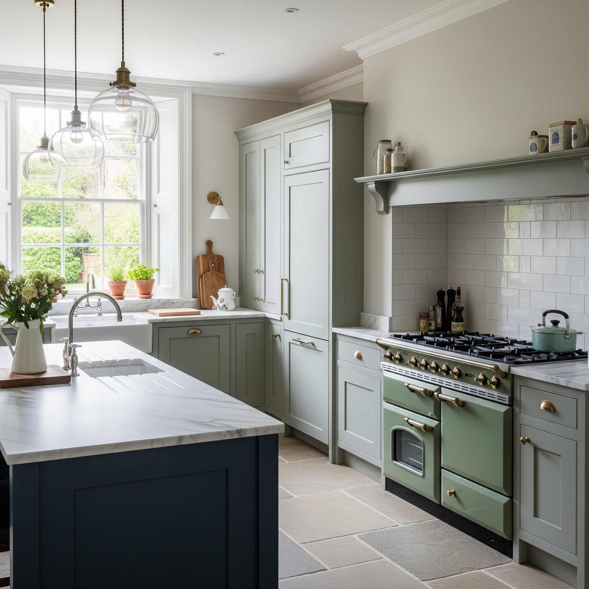 Shaker Style Modern kitchen with green accents, marble island, and large window letting in natural light.