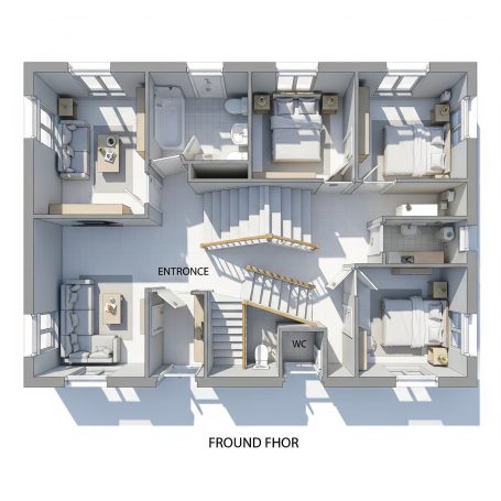 UK Transitional Spaces Floor plan of a house showing rooms, stairways, and entrances.