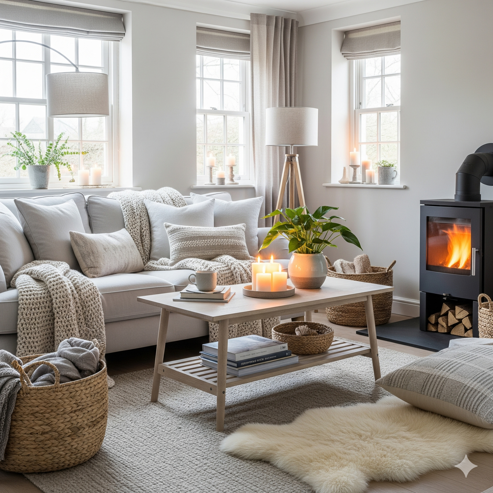 The Scandinavian (Hygge) Lounge Cozy living room with neutral tones, a sofa, candles, and a warm fireplace.