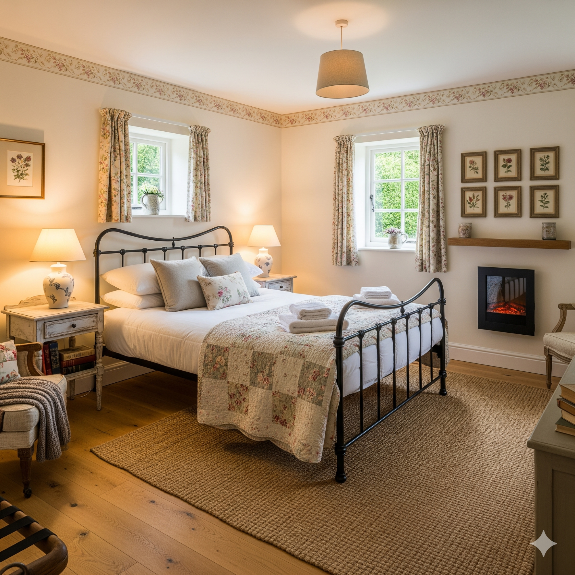 English Country Cottage Cozy bedroom with a double bed, warm lighting, and rustic decor. Fireplace adds comfort.