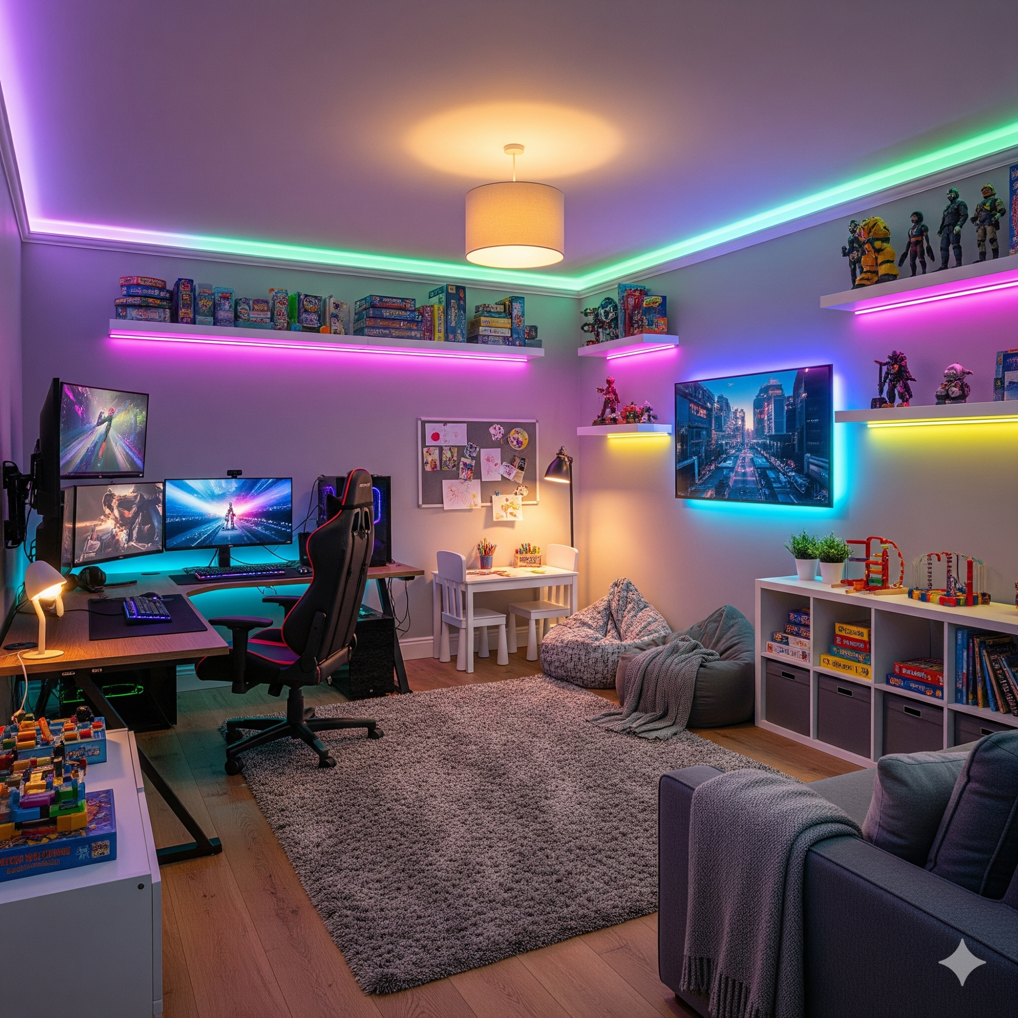 LED Strip Lighting A modern gaming room with vibrant LED lights, a large desk, and shelves of collectibles.