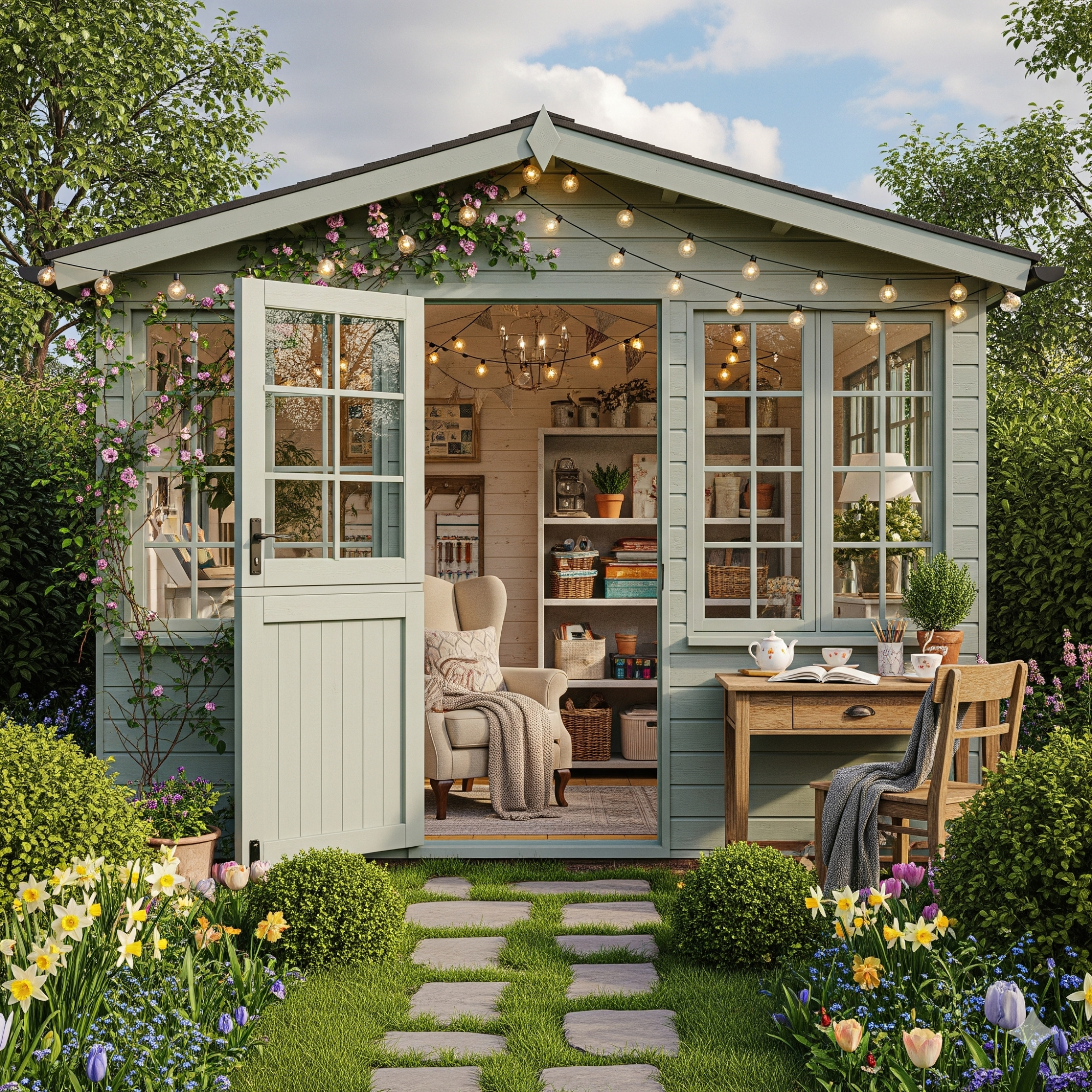 Rise of the (She Shed) A charming garden shed with greenery, flowers, and warm light decor.