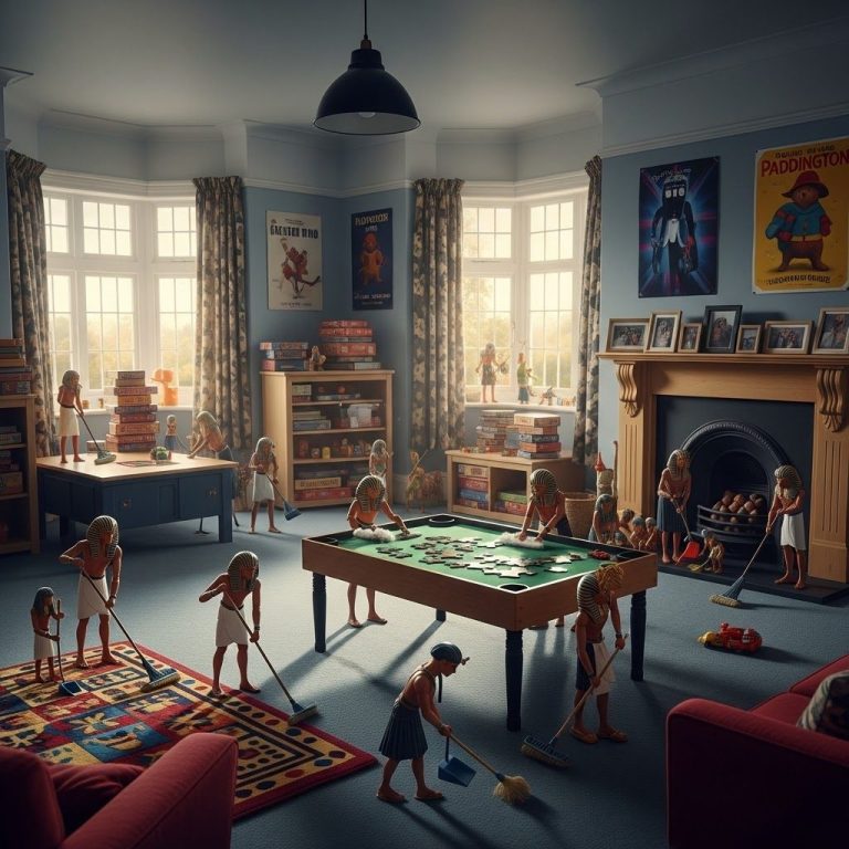 UK home Large Playroom/Games Room A room filled with dolls playing a board game, surrounded by colourful decor and toys.