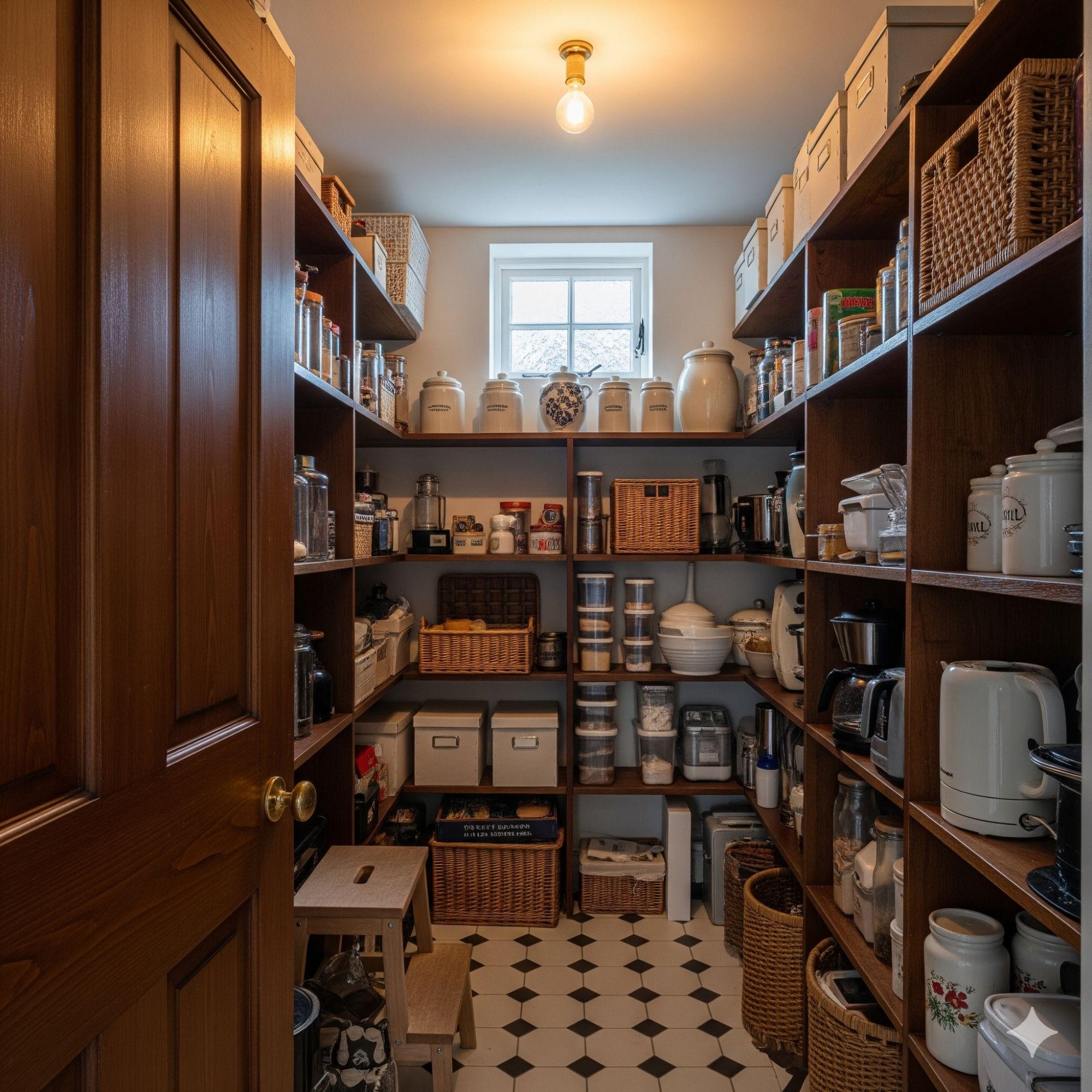 Classic Walk-in PantryLarder Well-organised pantry with shelves filled with various containers and jars.
